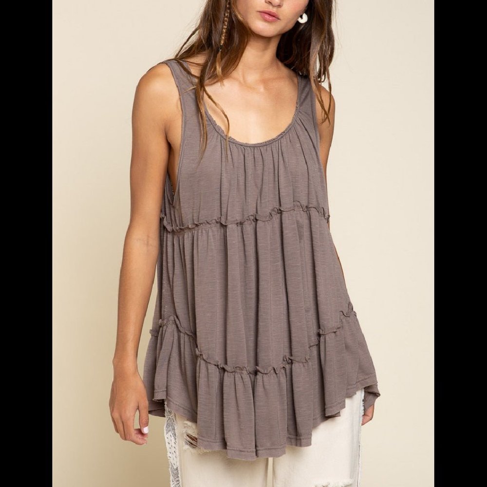 POL Ash Brown Ruffle Tank Top Open Low Scoop Back Relaxed Fit